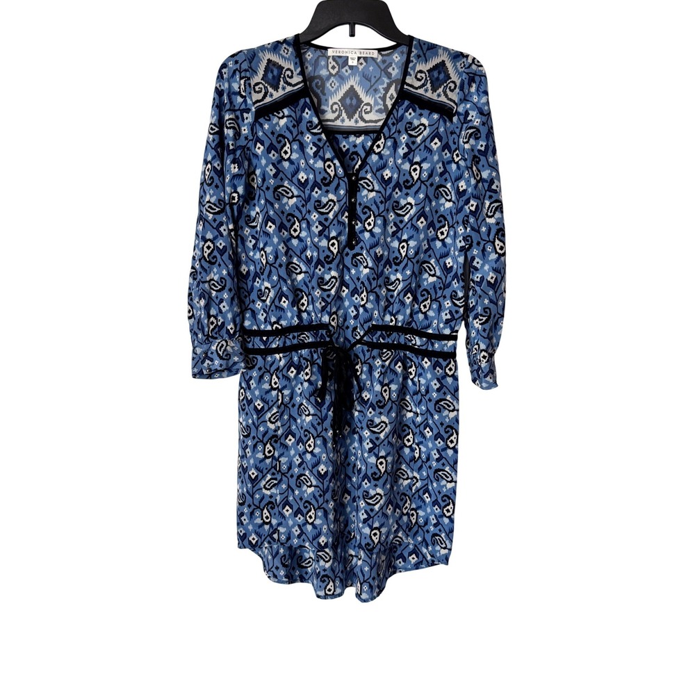Veronica Beard Womens 0 Silk Dress Ikat Paisley Blue Drawstring PF16-BID2260